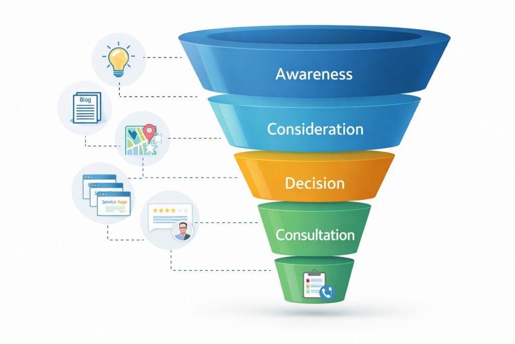 Dental implant marketing funnel showing patient journey from awareness to consultation
