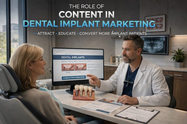 Dentist consulting patient about dental implants with marketing content displayed on screen