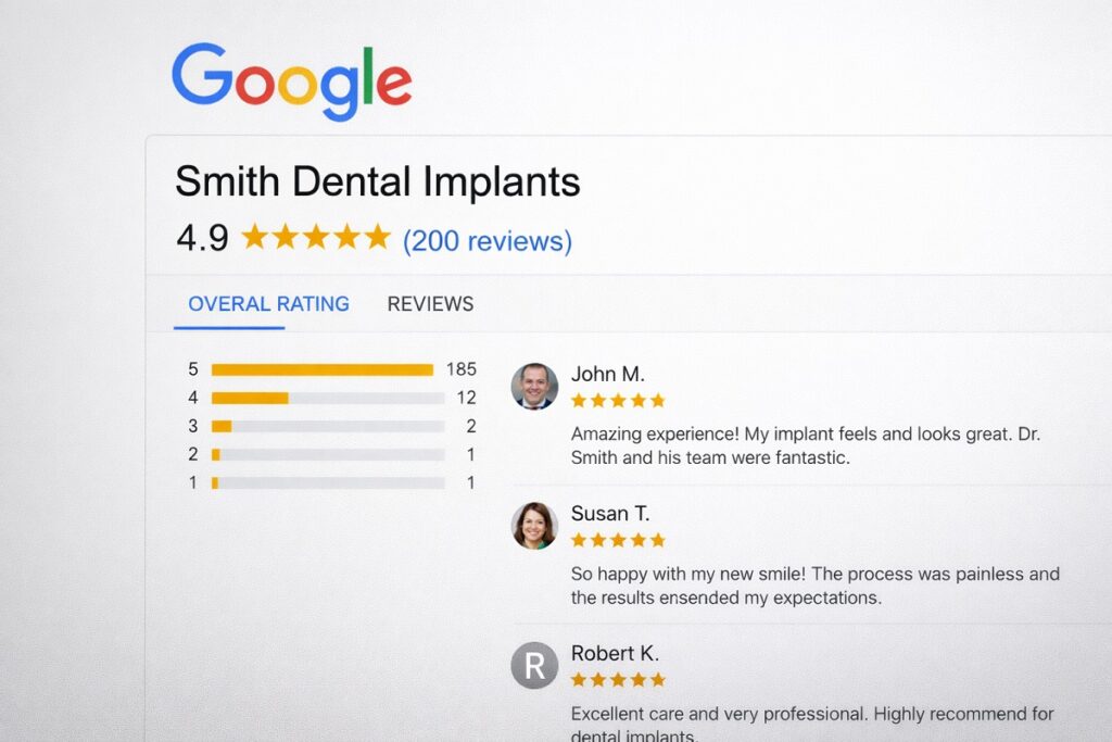 Google review ratings and patient feedback for a dental implant practice showing high star rating and testimonials