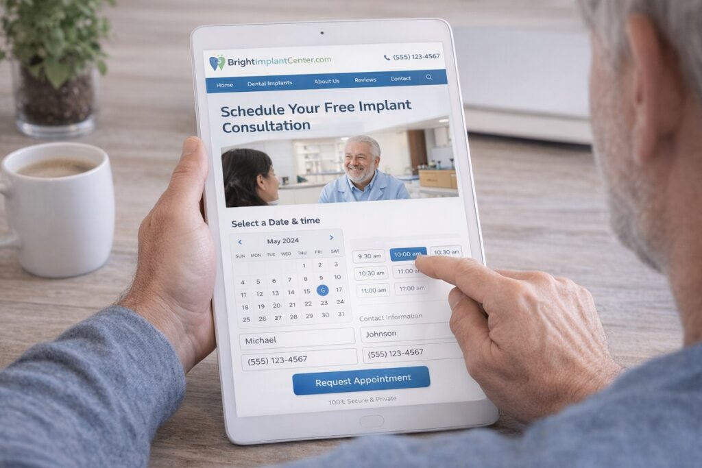 Patient scheduling dental implant consultation on a clinic website using online booking form and calendar selection