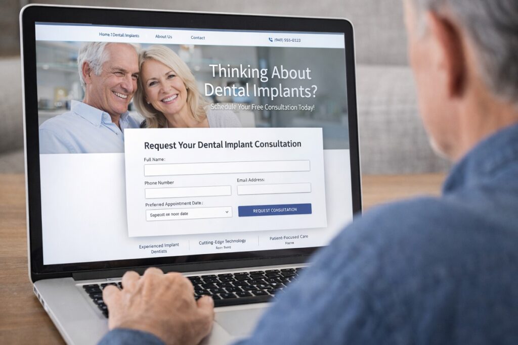 Patient scheduling dental implant consultation on website with online form for implant dentistry services