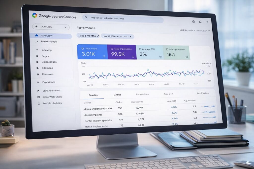 Google Search Console performance dashboard showing dental implant SEO data clicks impressions and keyword rankings