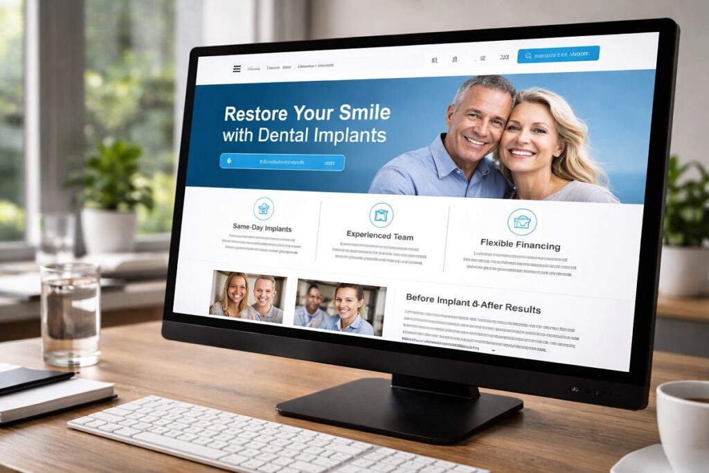 Modern dental implant website design displayed on desktop with clean layout and strong visual elements