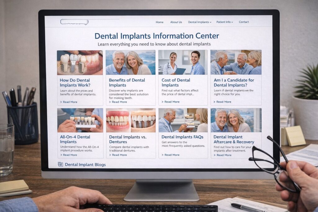 Dental implant content hub page showing multiple implant topics and patient education resources