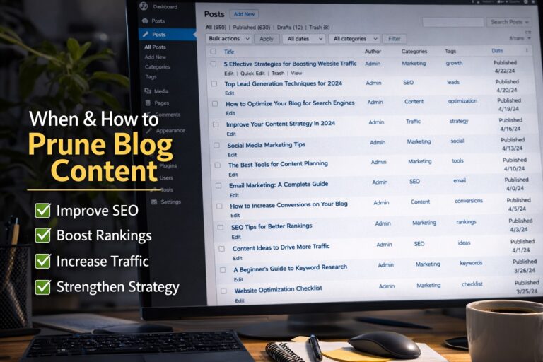 When and How to Prune Blog Content displayed on a WordPress posts dashboard with SEO checklist for content optimization