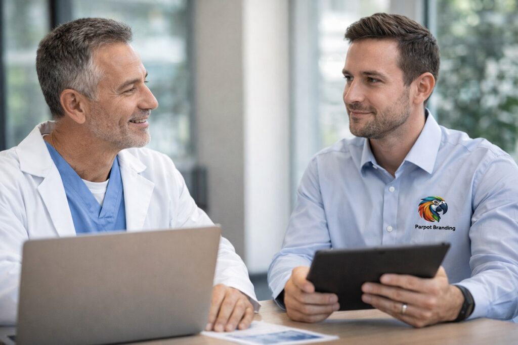 Dental implant doctor meeting with Parrot Branding specialist wearing branded shirt, discussing marketing strategy in professional office setting