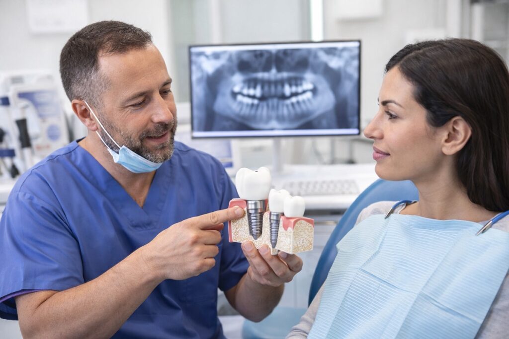 Dentist explaining a dental implant model to a patient during a consultation in a modern dental clinic.