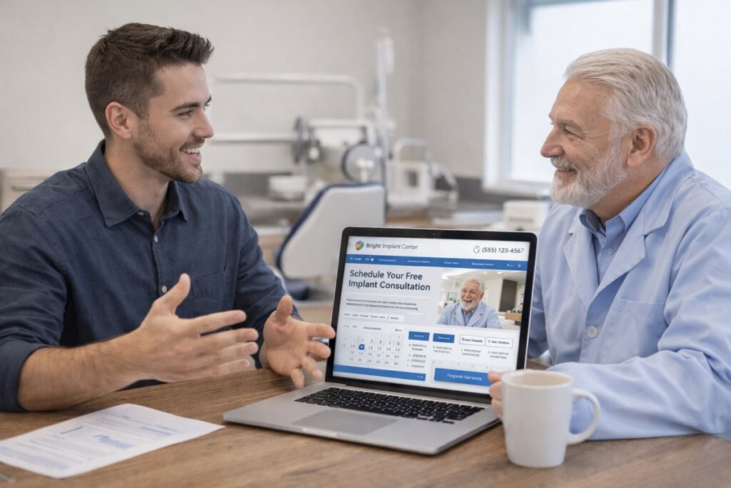 Website development specialist consulting with dental implant doctor about website design and local SEO strategy on laptop