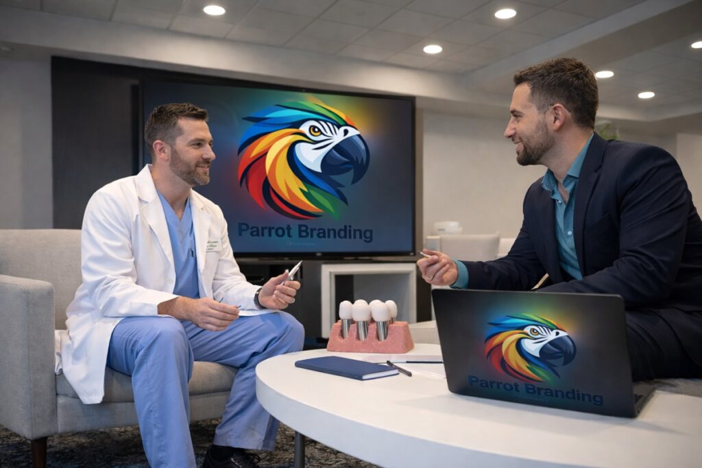 Dental implant doctor meeting with a branding specialist while Parrot Branding logo displays on a TV screen behind them