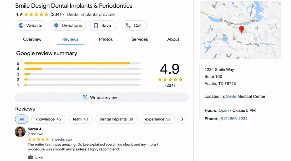 Dental implant clinic Google reviews with high rating building trust in search results