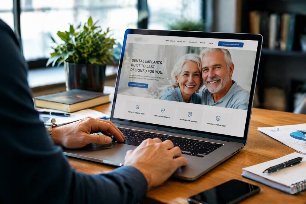 Dental implant website displayed on laptop showing high-converting homepage design with patient-focused layout and clear call-to-action elements