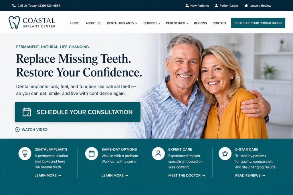 Implant dentist website with prominent schedule consultation call to action for patient conversions