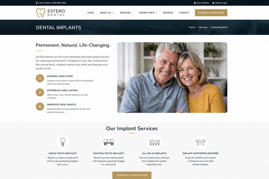 Clear communication of services on an implant dentist website with detailed dental implant service page layout