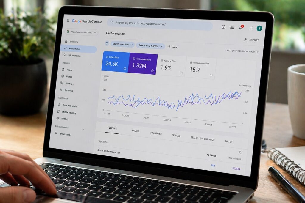 Google Search Console dashboard showing dental implant SEO performance with keyword data, impressions, and traffic trends