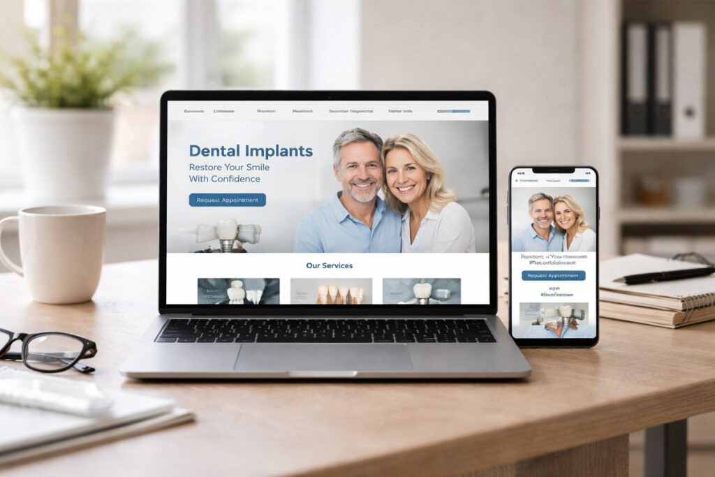 Dental implant website design displayed on laptop and smartphone showing responsive layout for dental practice marketing