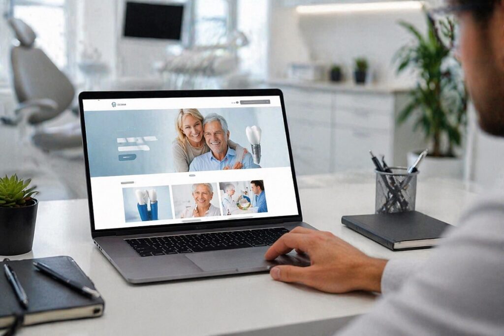 Laptop displaying modern dental implant website design in clean clinic office setting