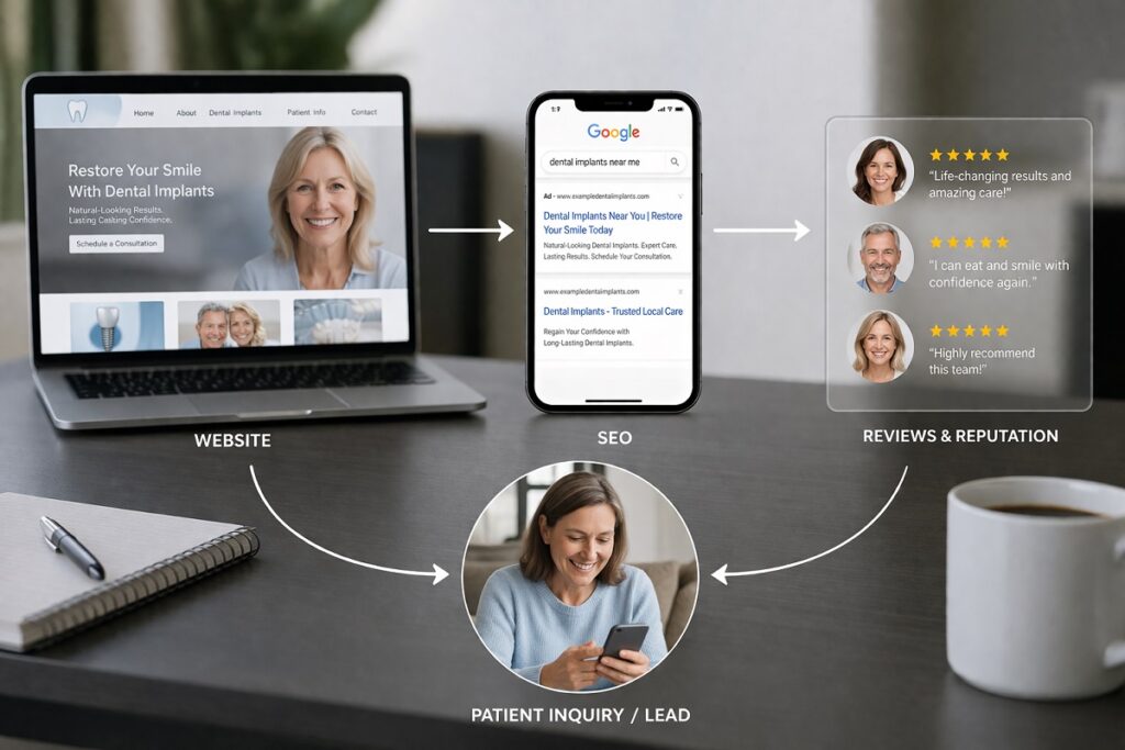 Dental implant marketing system showing website, SEO search results, patient reviews, and lead inquiries connected in a digital workflow