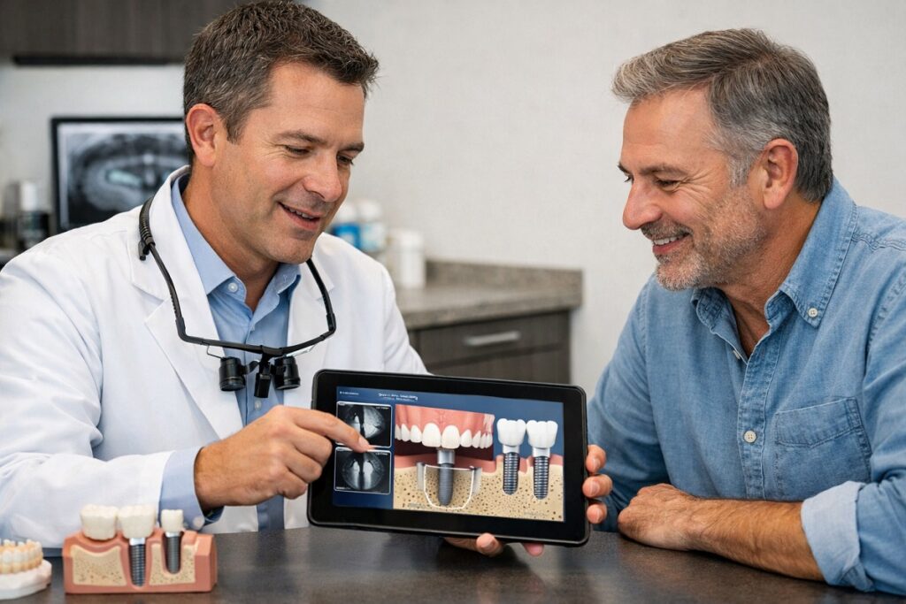 Dentist reviewing dental implant treatment plan with patient on tablet showing implant X-rays and close-up images