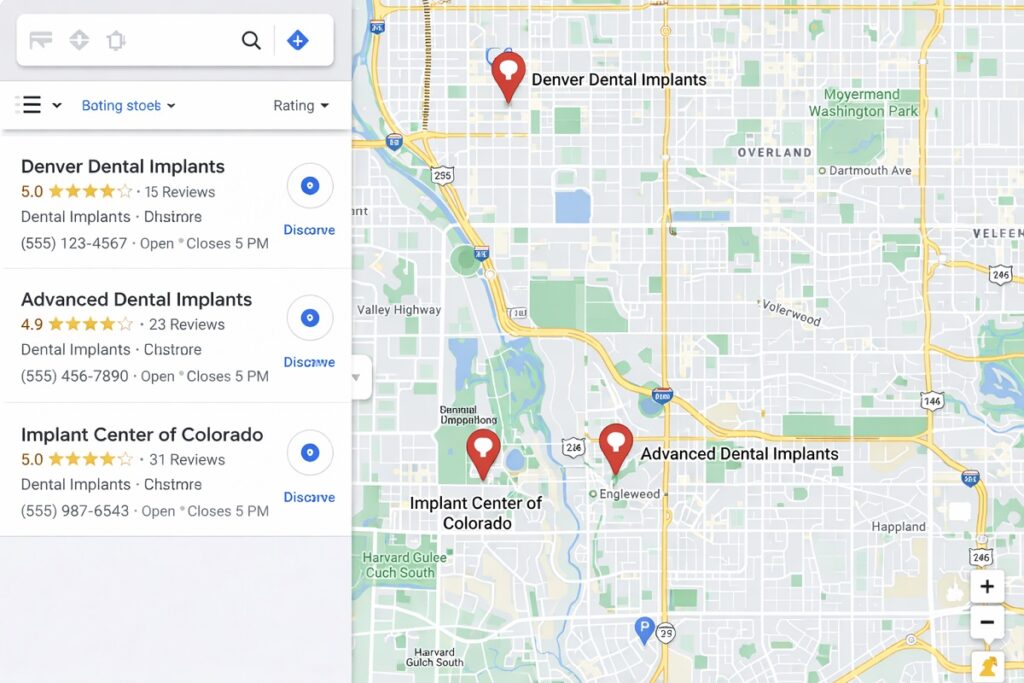 Local citations and directory listings showing dental implant practices on Google Maps with multiple location pins