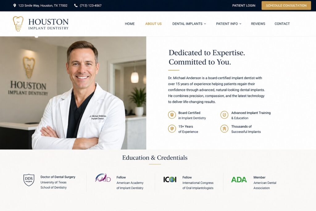 Implant dentist website highlighting dentist credentials experience and qualifications