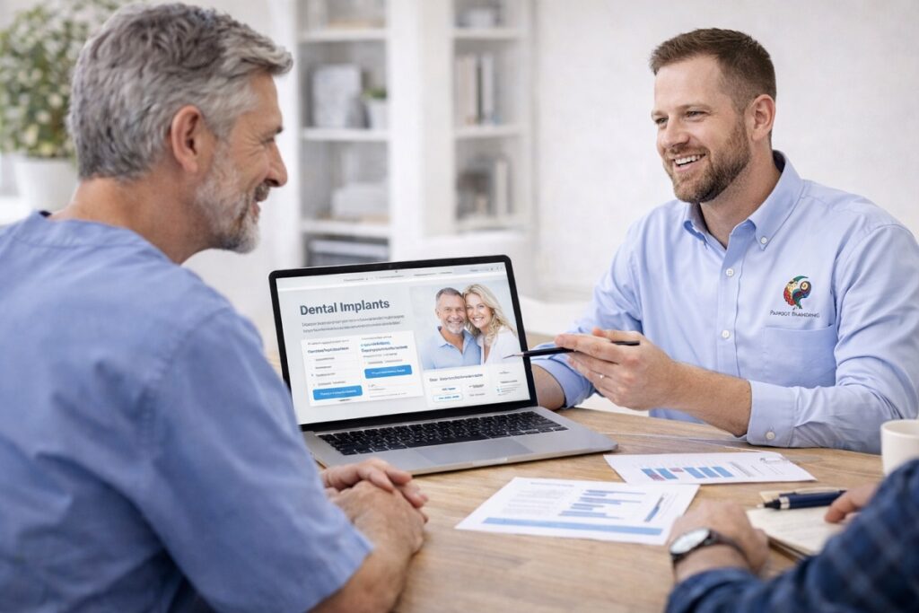 Web developer meeting with dental implant doctor reviewing website strategy and digital marketing plan