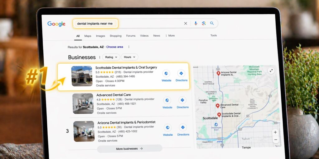 Dental implant practice ranking number one on Google search for dental implants near me