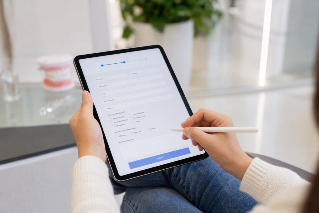 Tablet displaying dental consultation form being filled out by patient in modern clinic setting