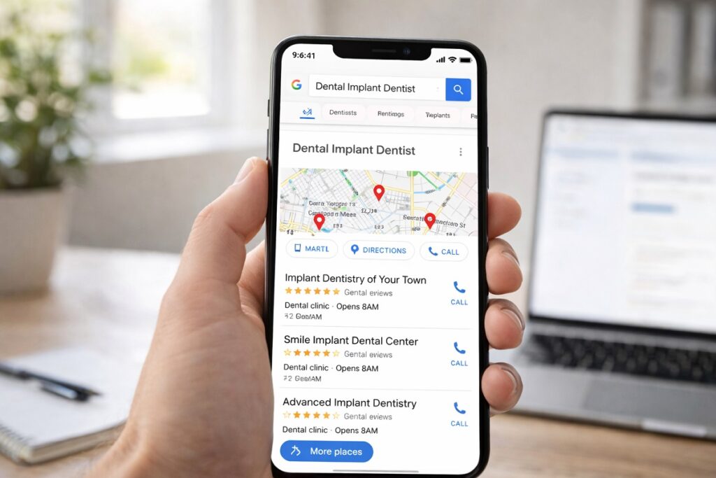 Local SEO for implant dentists showing Google Maps results with dental implant practices, ratings, and directions on smartphone