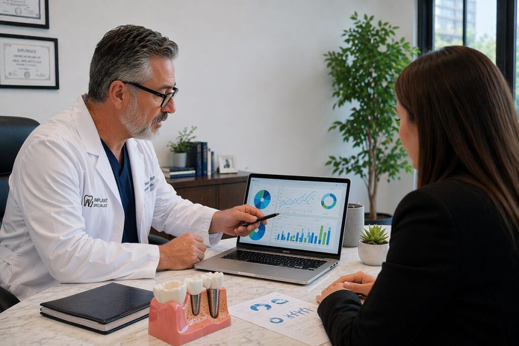 Dental implant specialist reviewing marketing analytics with consultant on laptop in modern dental office