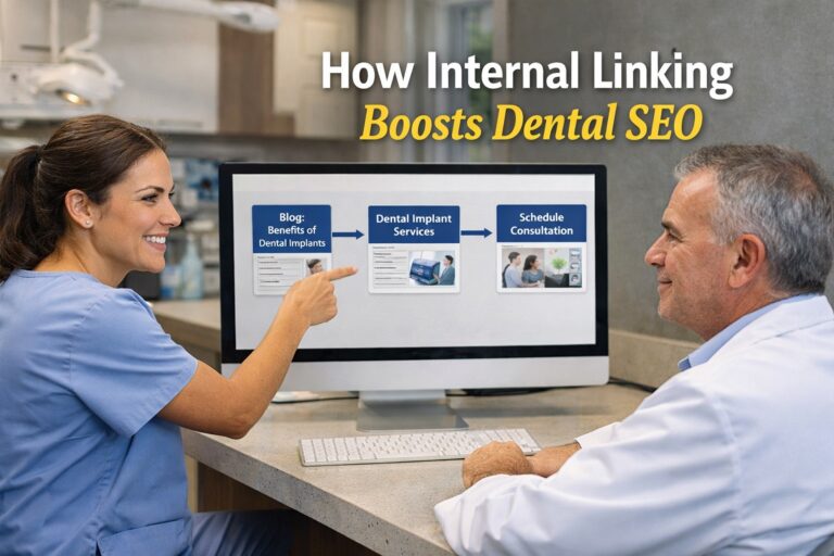 Dental team reviewing internal linking strategy for dental SEO to improve implant patient acquisition and website conversions