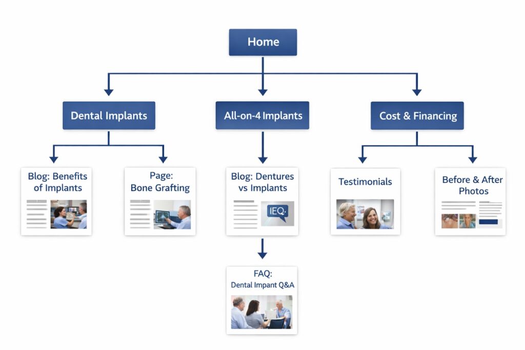 Website architecture showing internal linking hierarchy for dental implant SEO and improved site performance