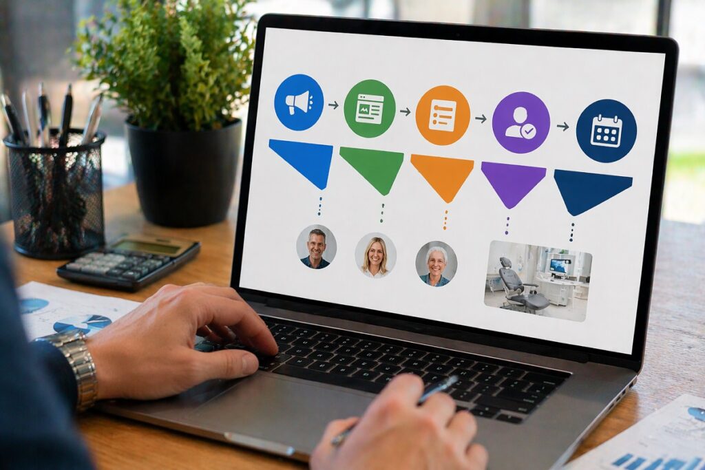 Dental implant lead generation funnel displayed on laptop showing patient journey from ad click to consultation booking