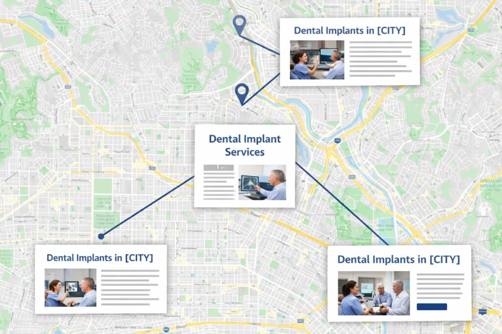 Local SEO structure for implant dentists showing connected location pages and dental implant service areas on map