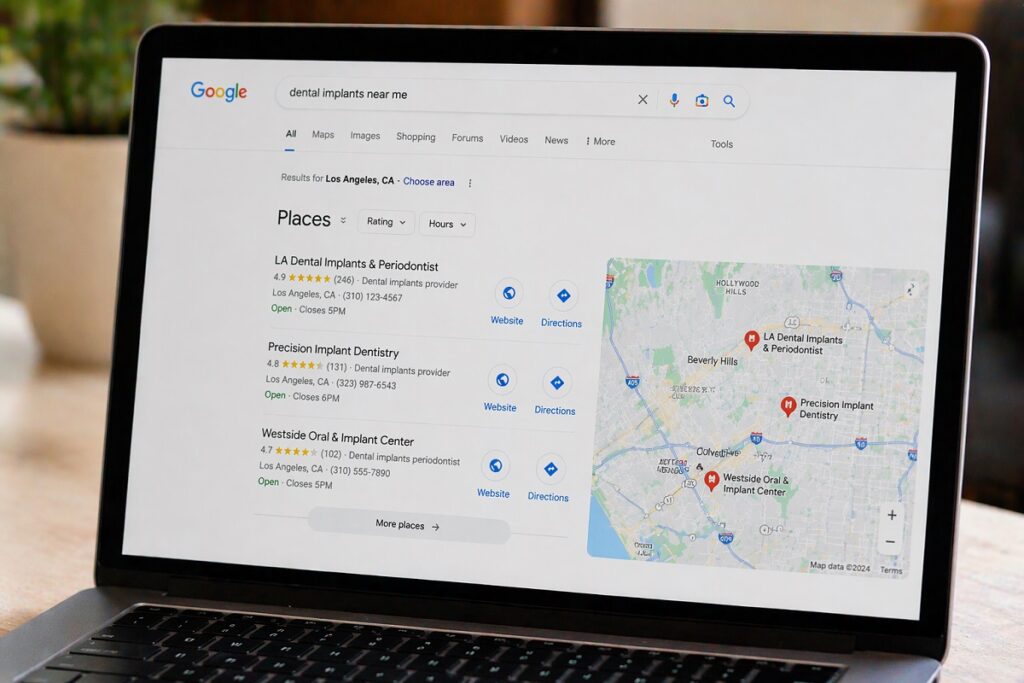 Google search results showing local map pack for dental implants near me with top ranked implant dentists and reviews