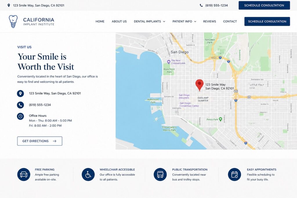 Implant dentist website showing location map contact details and accessibility information