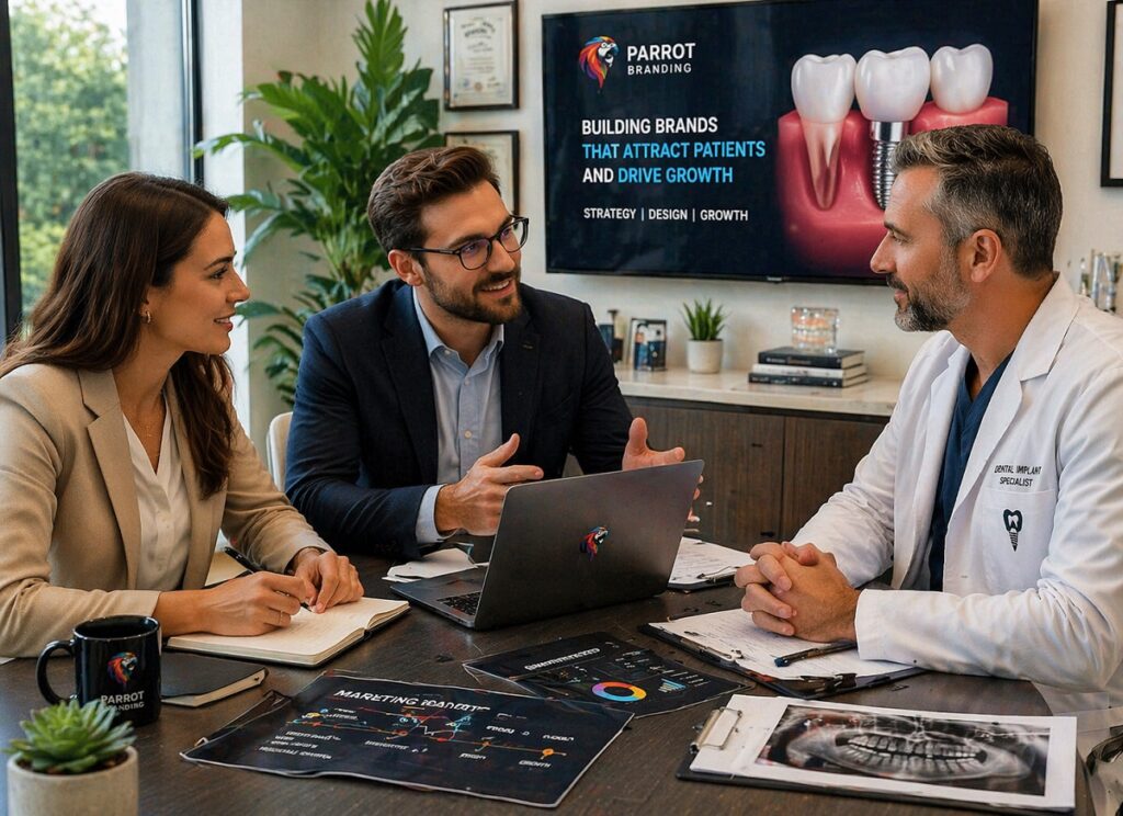 Parrot Branding developers meeting with dental implant specialist reviewing marketing strategy in modern office