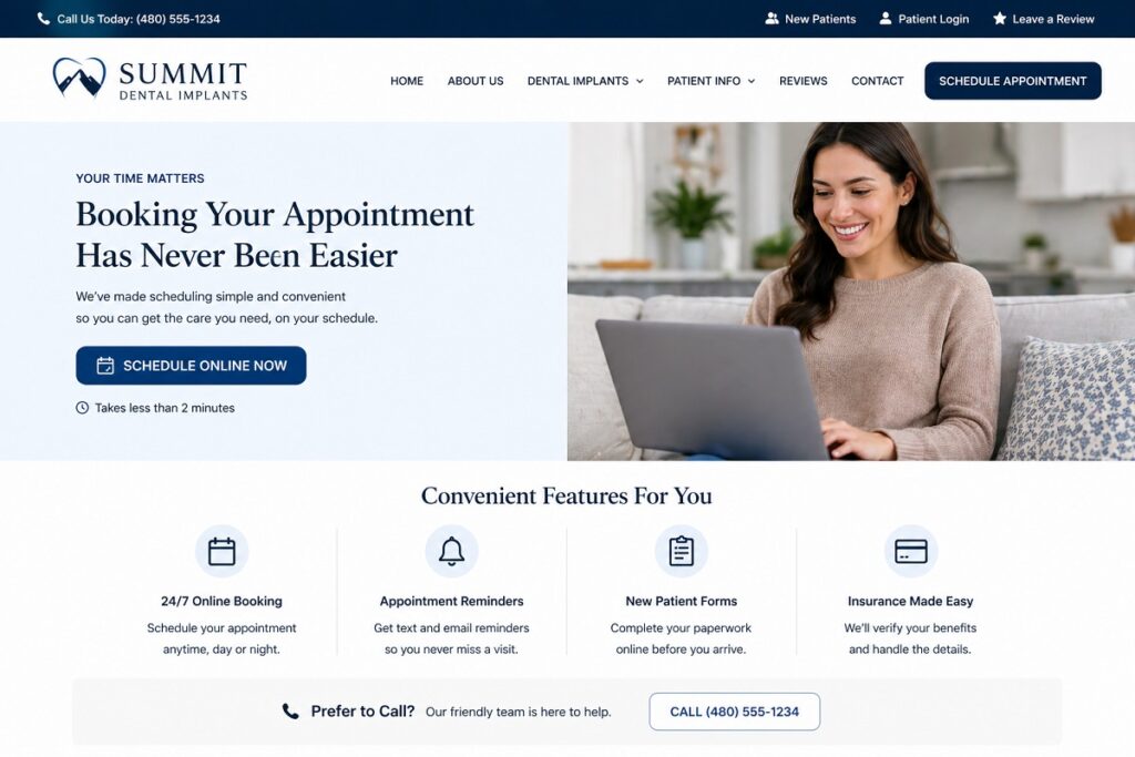 Implant dentist website with online booking system and convenient patient scheduling features
