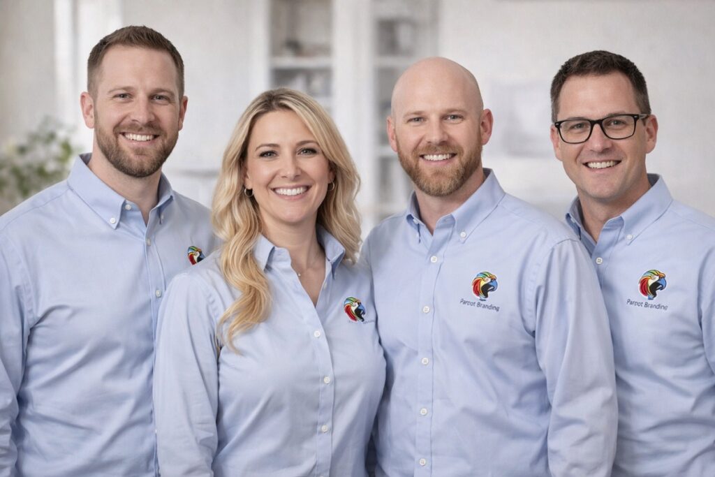 Parrot Branding web development team standing together in a modern office environment