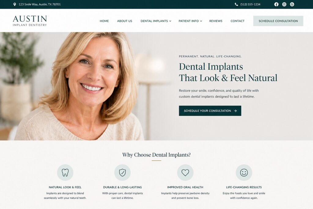 Professional implant dentist website design with clean layout and user friendly navigation