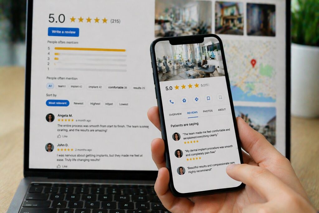 Dental practice online reviews displayed on smartphone showing high star ratings and patient testimonials for implant services