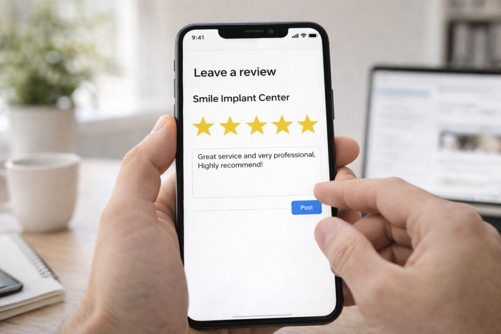 Patient leaving five star review for dental implant dentist on smartphone to build reputation and trust