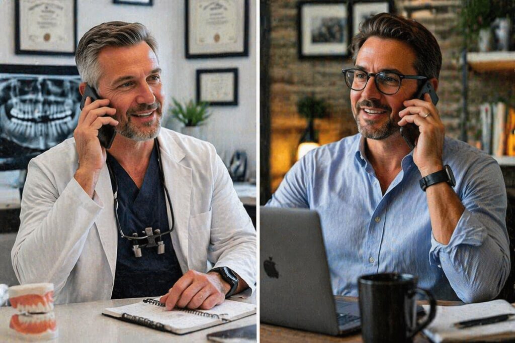 Dental implant specialist and web developer discussing marketing strategy on phone in split screen office settings