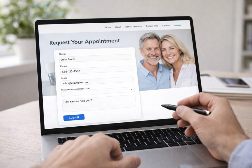 Dental implant lead generation form on laptop with patient submitting appointment request online