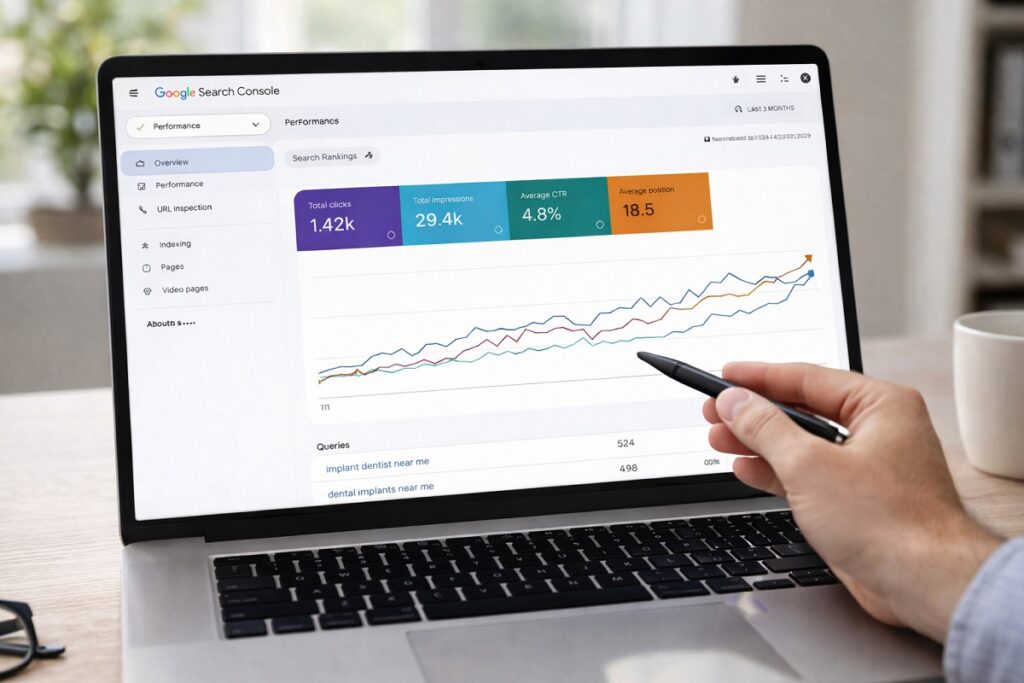Dental implant SEO performance in Google Search Console showing increasing search rankings and traffic trends