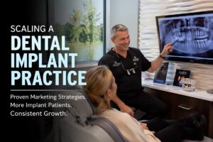 Dentist explaining dental implant X ray to patient in modern practice highlighting patient consultation and case acceptance process