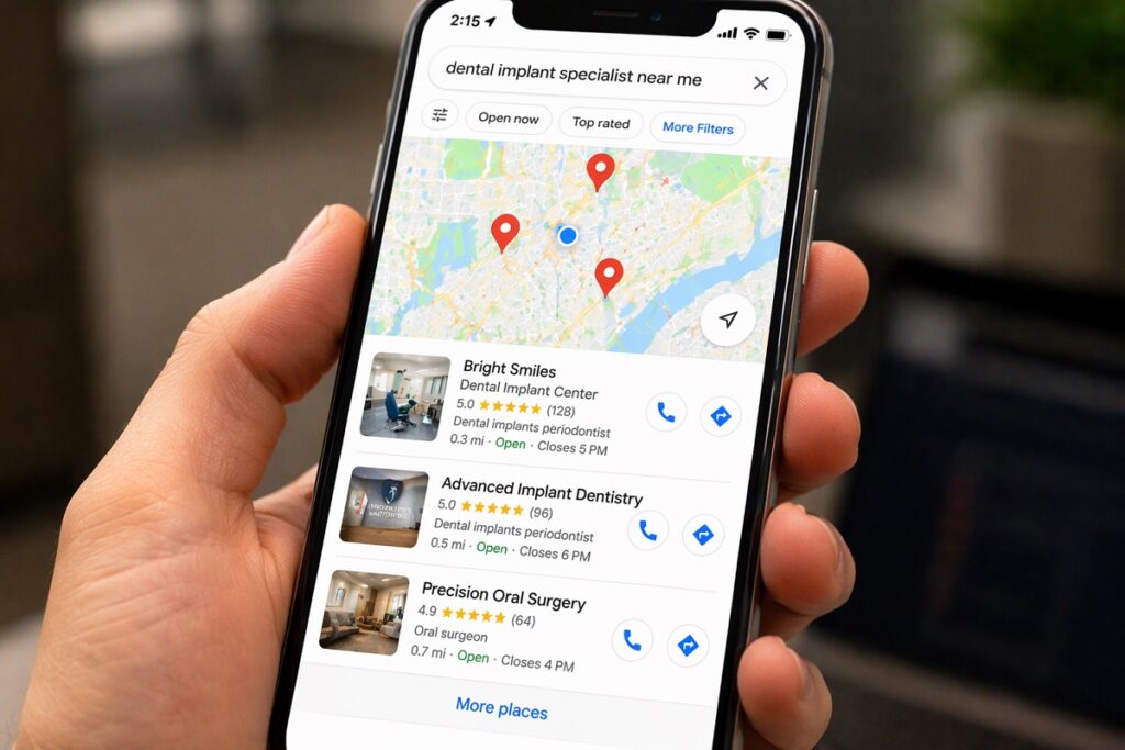 Smartphone displaying Google Maps dental implant search results with local listings and map pins