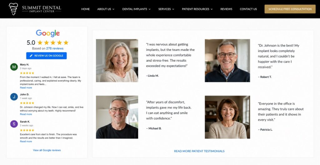 Implant dentist website showing Google reviews and patient testimonials to build trust and credibility