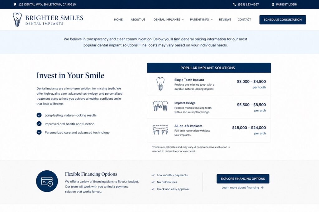 Implant dentist website showing pricing details and financing options for dental implants