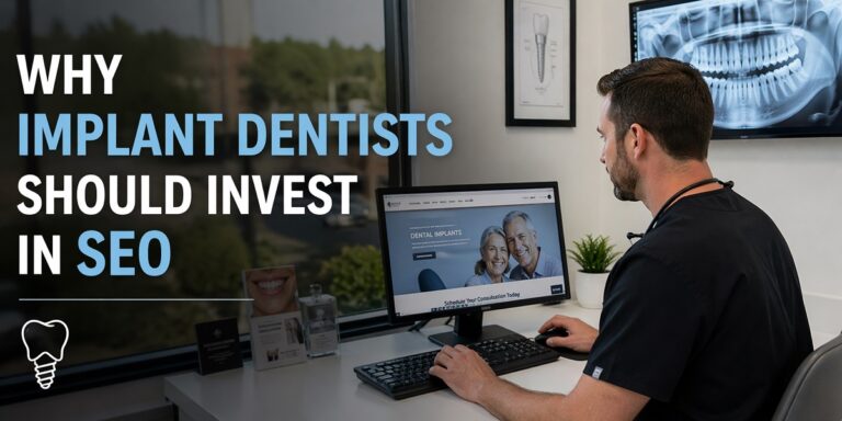 Implant dentist using SEO strategy on computer in modern dental office