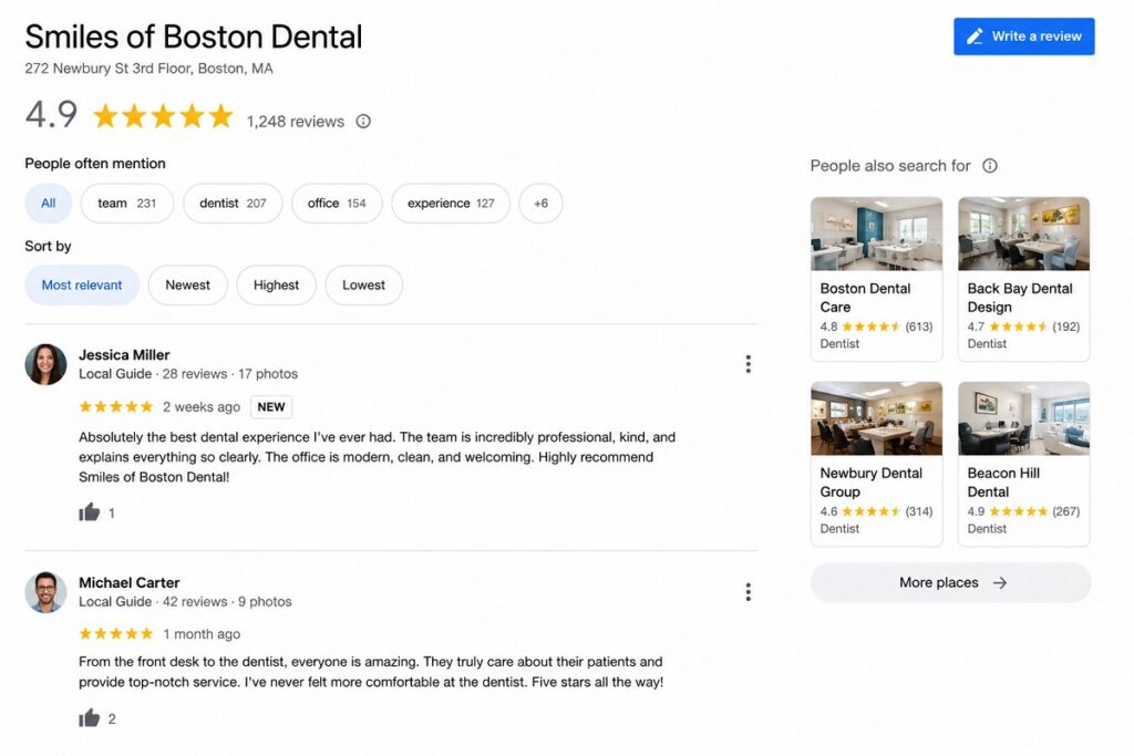 Google reviews for a dental practice showing trust and patient satisfaction
